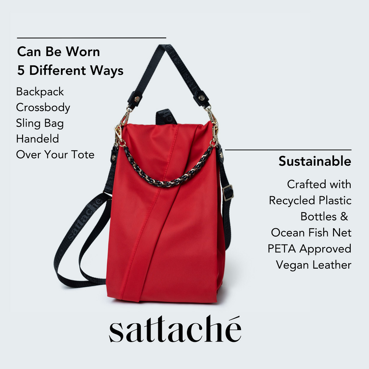 Red bag with black straps on a light gray background, featuring text about versatility and sustainability.
