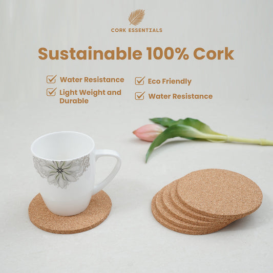 Cork coasters with a mug and flower on a light background, featuring Cork Essentials branding.