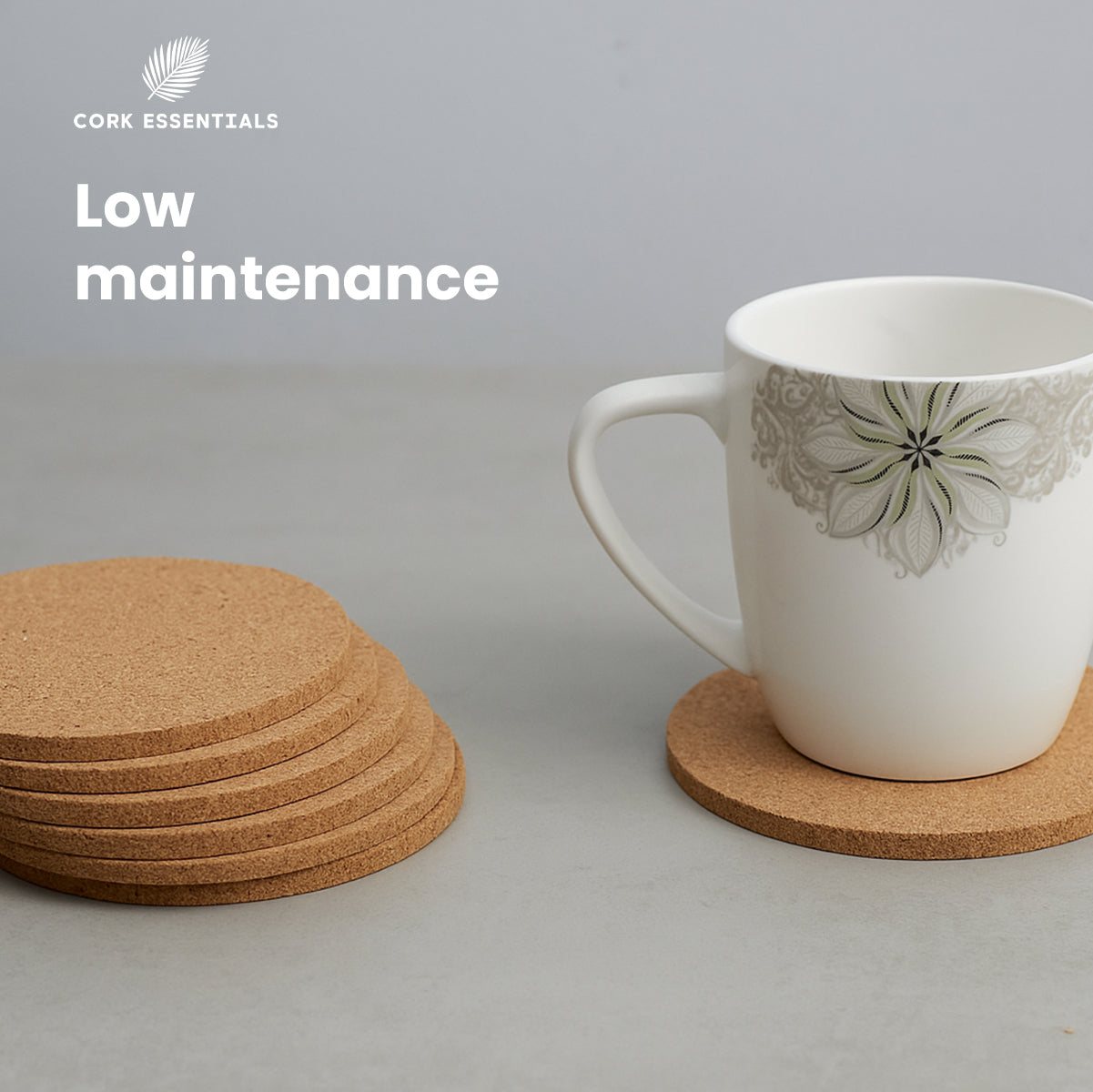 Cork coasters with a mug on a gray background, featuring Cork Essentials branding.