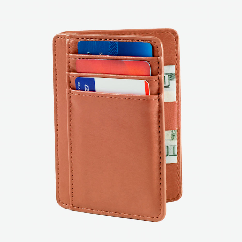 Brown leather wallet with cards and money on a white background