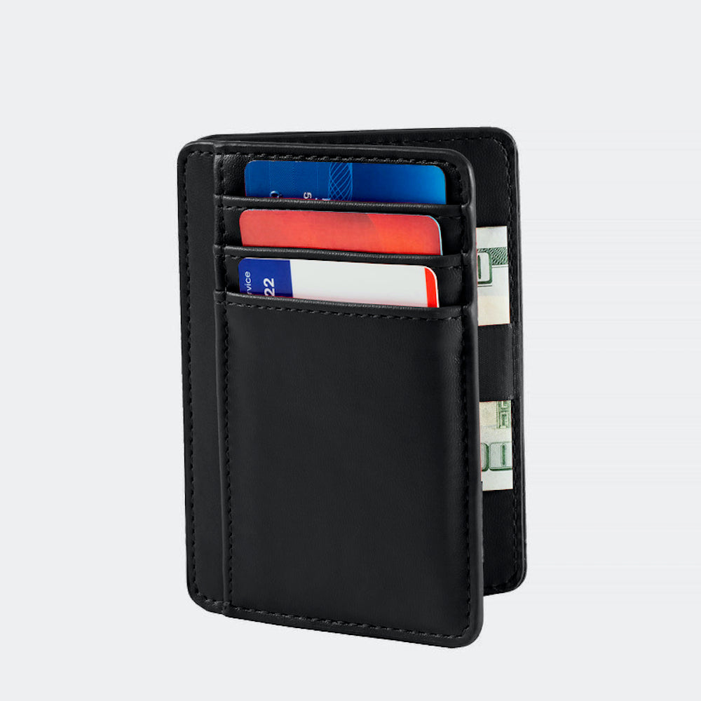 Black wallet with cards and money on a light gray background