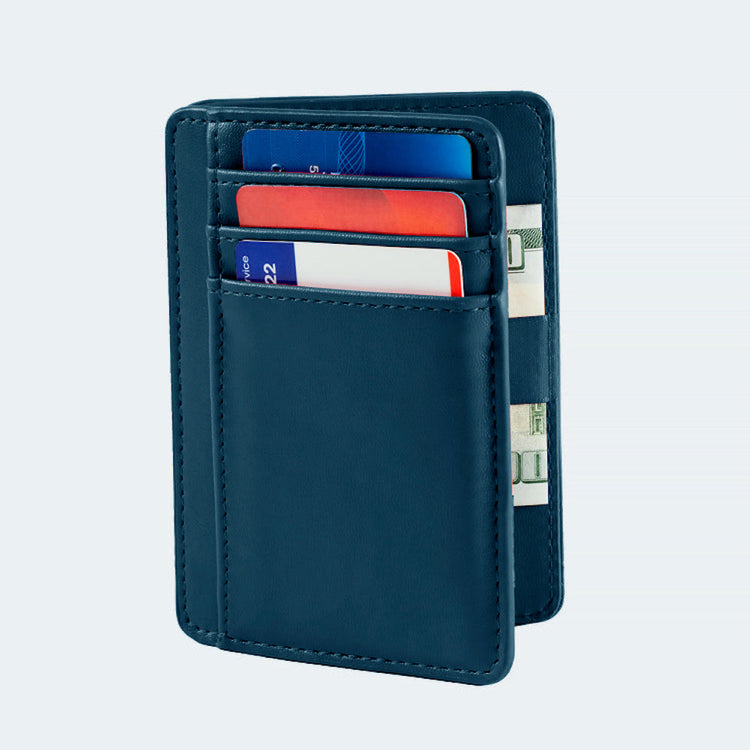 Blue cardholder with cards and money on a light gray background