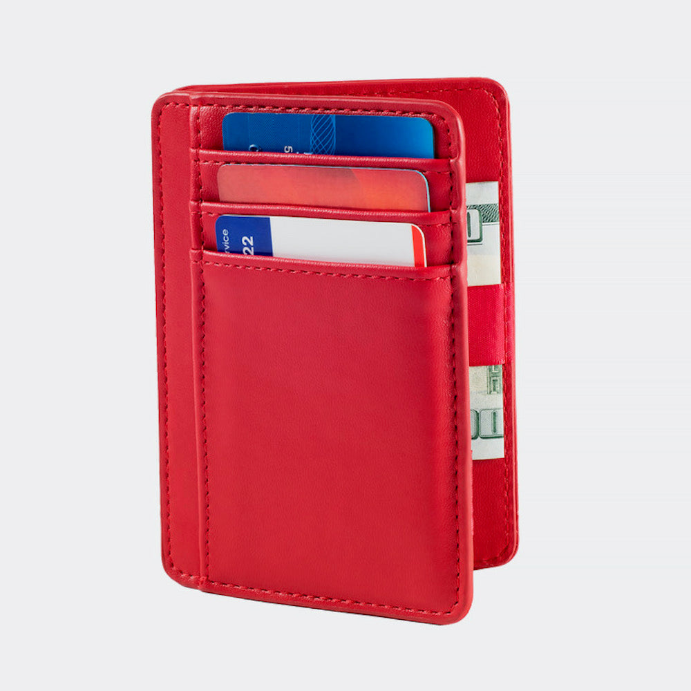 Red wallet with cards and money on a white background