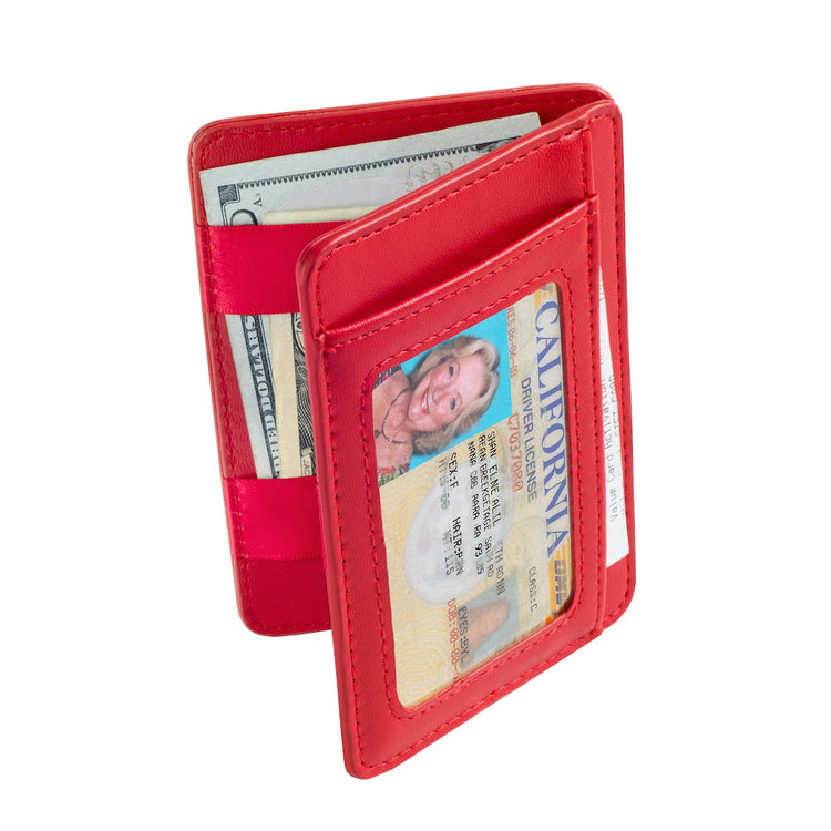 Red wallet with a driver's license and cash on a white background