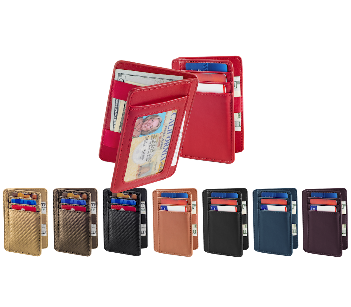 Collection of red, gold, black, brown, blue, and purple wallets with card slots on a white background.