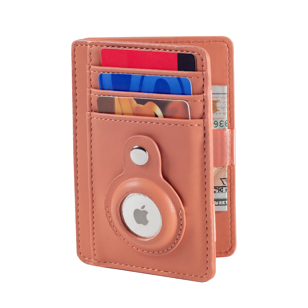 Pink leather wallet with card slots and Apple logo on a white background