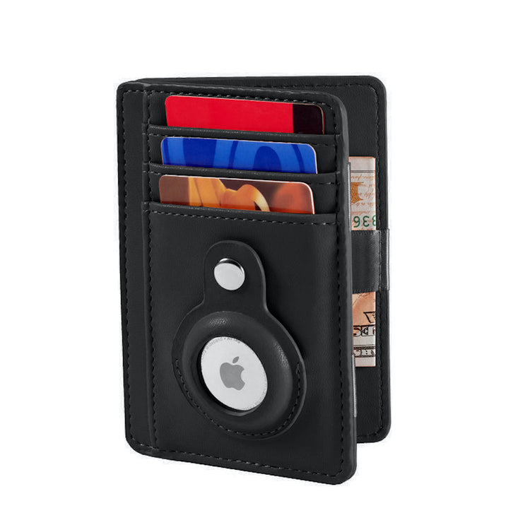 Black wallet with card slots and Apple logo on a white background