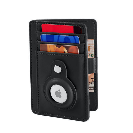 Black wallet with card slots and Apple logo on a white background