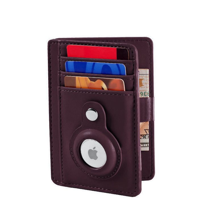 Purple cardholder with Apple logo containing various cards on a white background