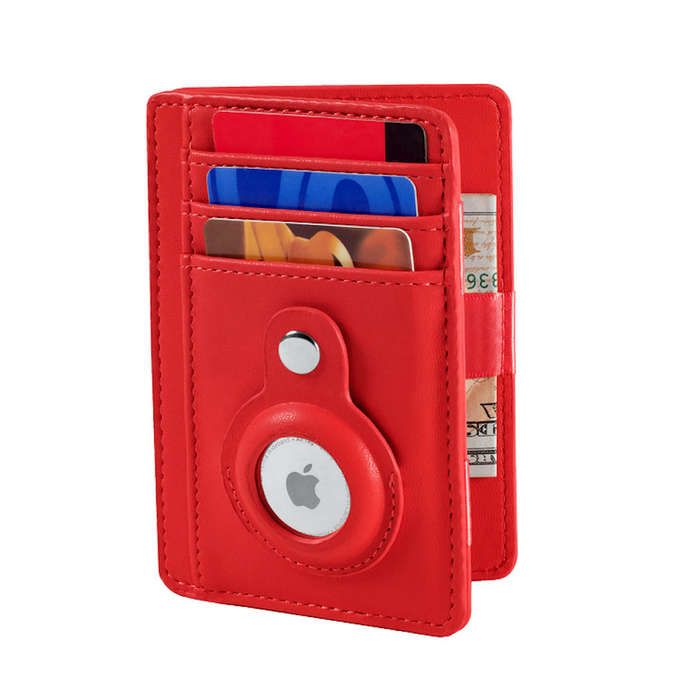 Red wallet with card slots and Apple logo on a white background