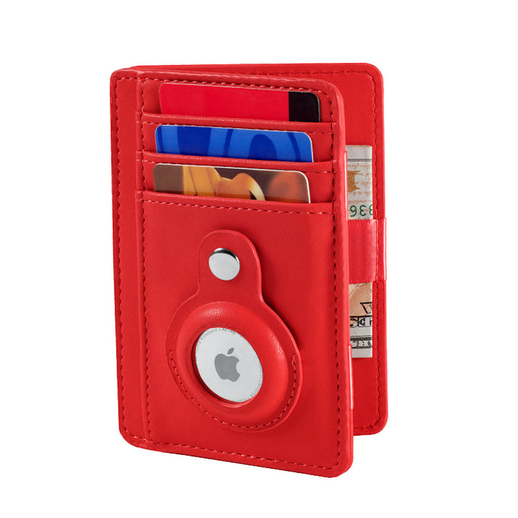 Red wallet with card slots and Apple logo on a white background