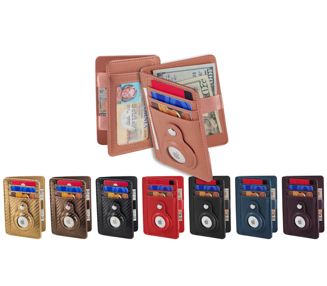 Set of multiple wallets in various colors with card slots and money clip on a white background