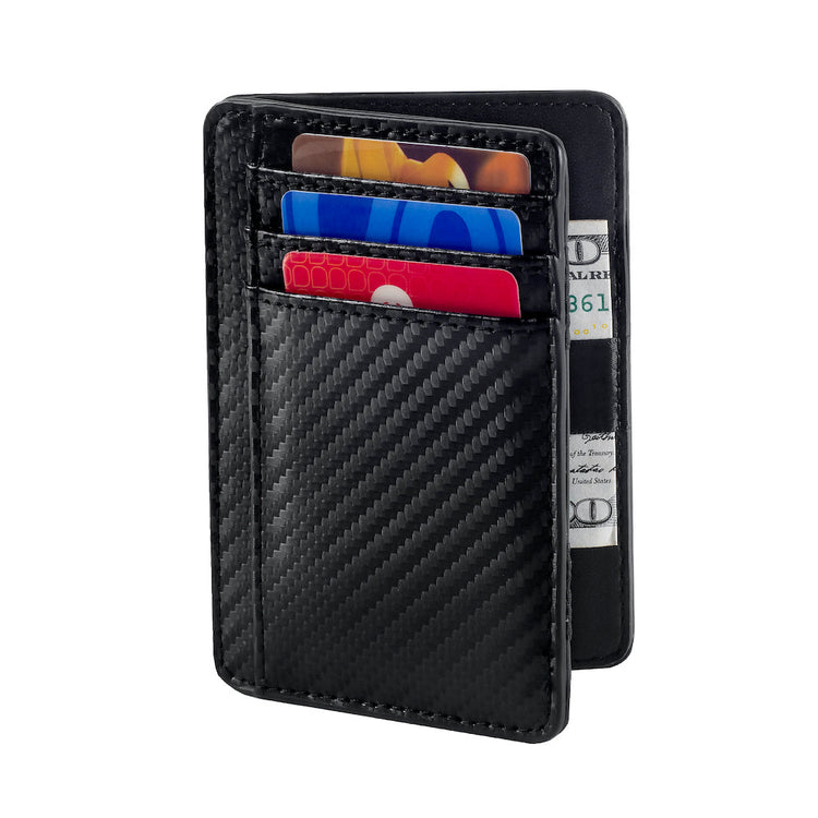 Black carbon fiber patterned wallet with cards and money on a white background