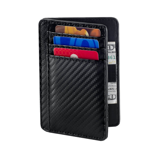 Black carbon fiber patterned wallet with cards and money on a white background