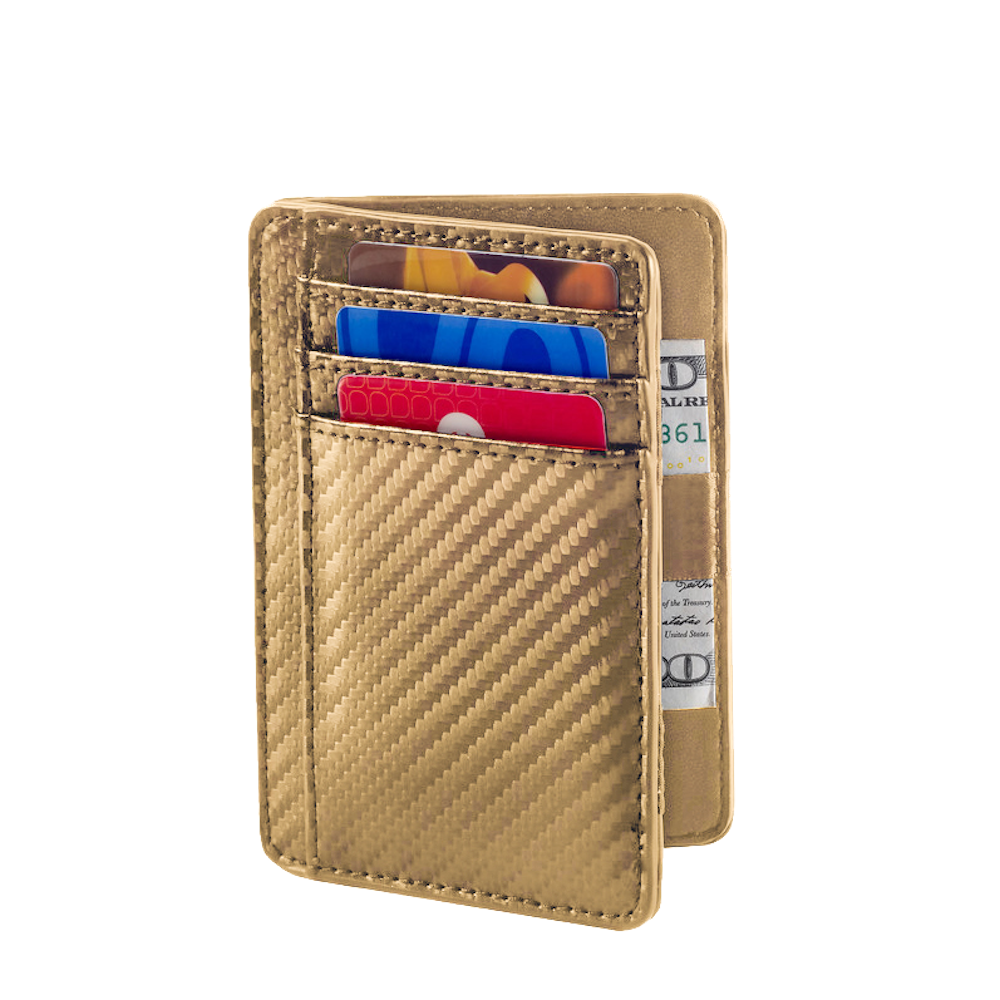 Beige carbon fiber wallet with card slots and cash pocket on a white background