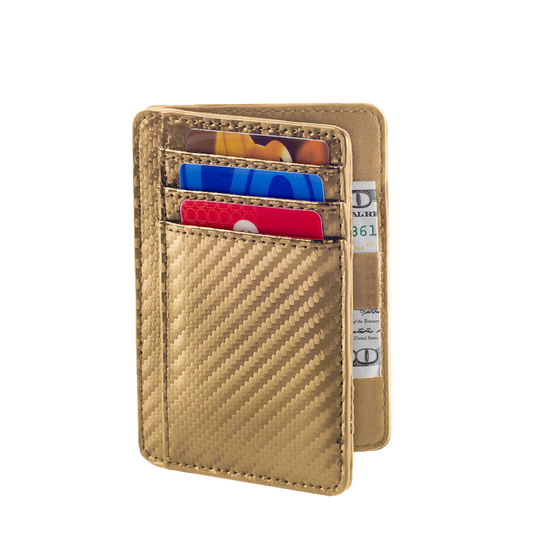 Beige carbon fiber wallet with card slots and cash pocket on a white background