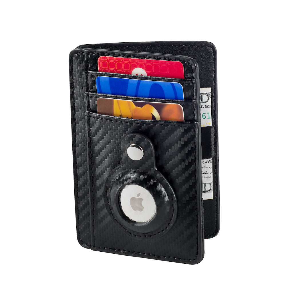 Black carbon fiber wallet with card slots and Apple logo on a white background