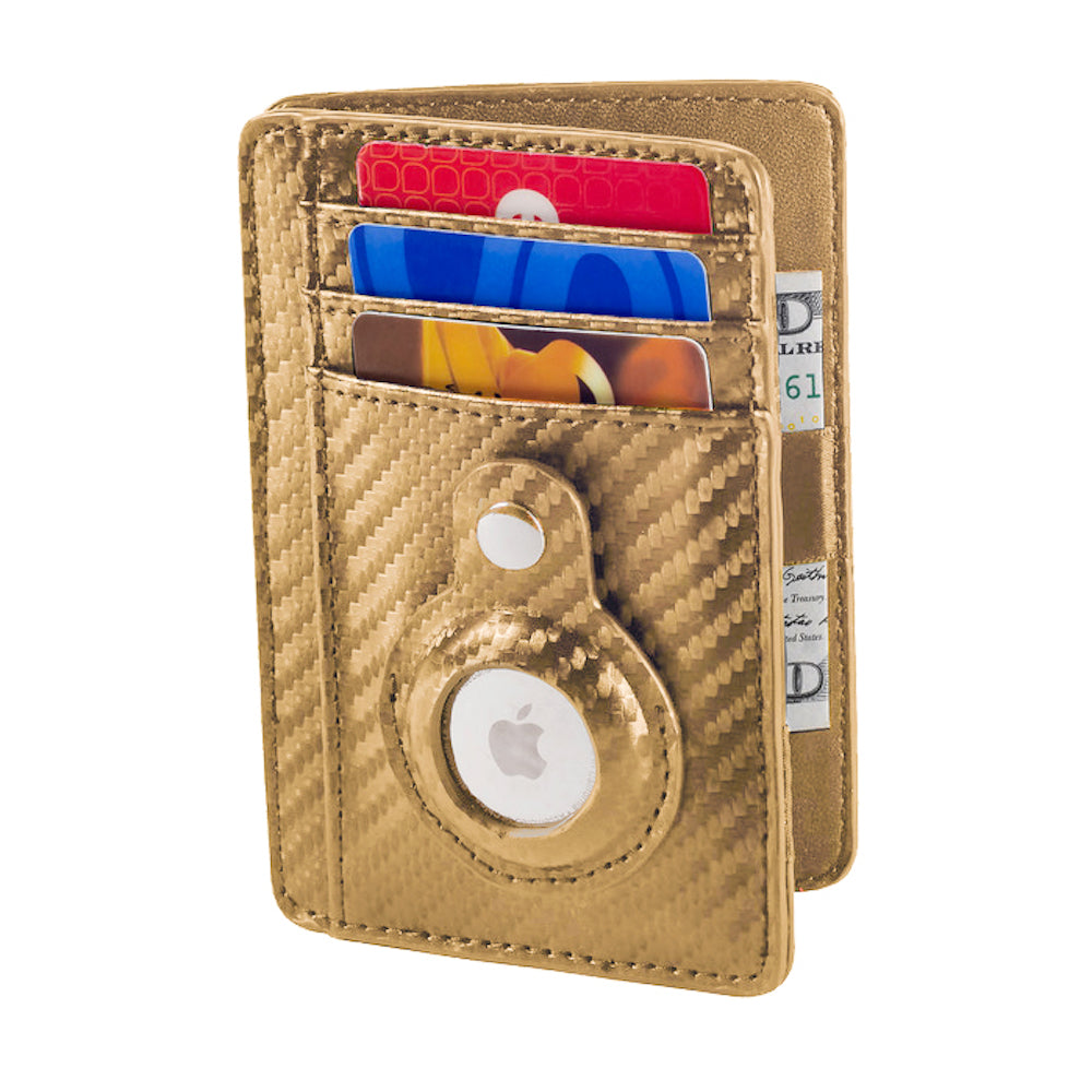 Gold carbon fiber wallet with card slots and Apple logo on a white background