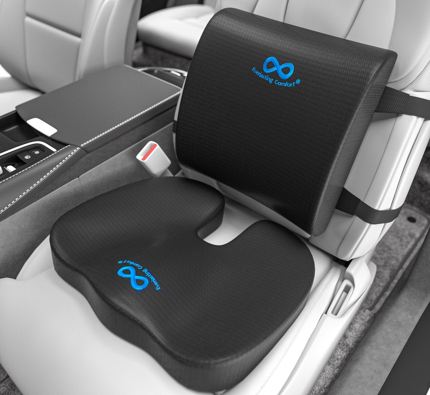 Car seat cushion with headrest and lumbar support in a vehicle