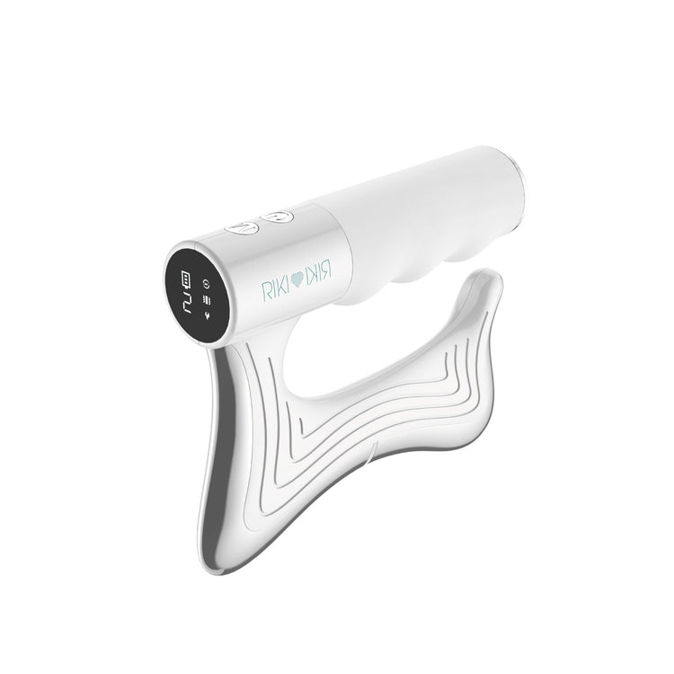 White handheld device with a brand logo on a white background