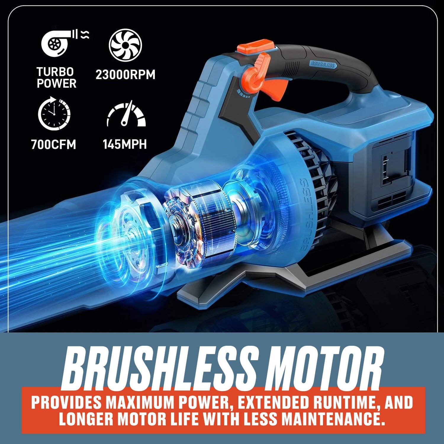 Blue leaf blower with transparent casing to show brushless motor, features on a black background.