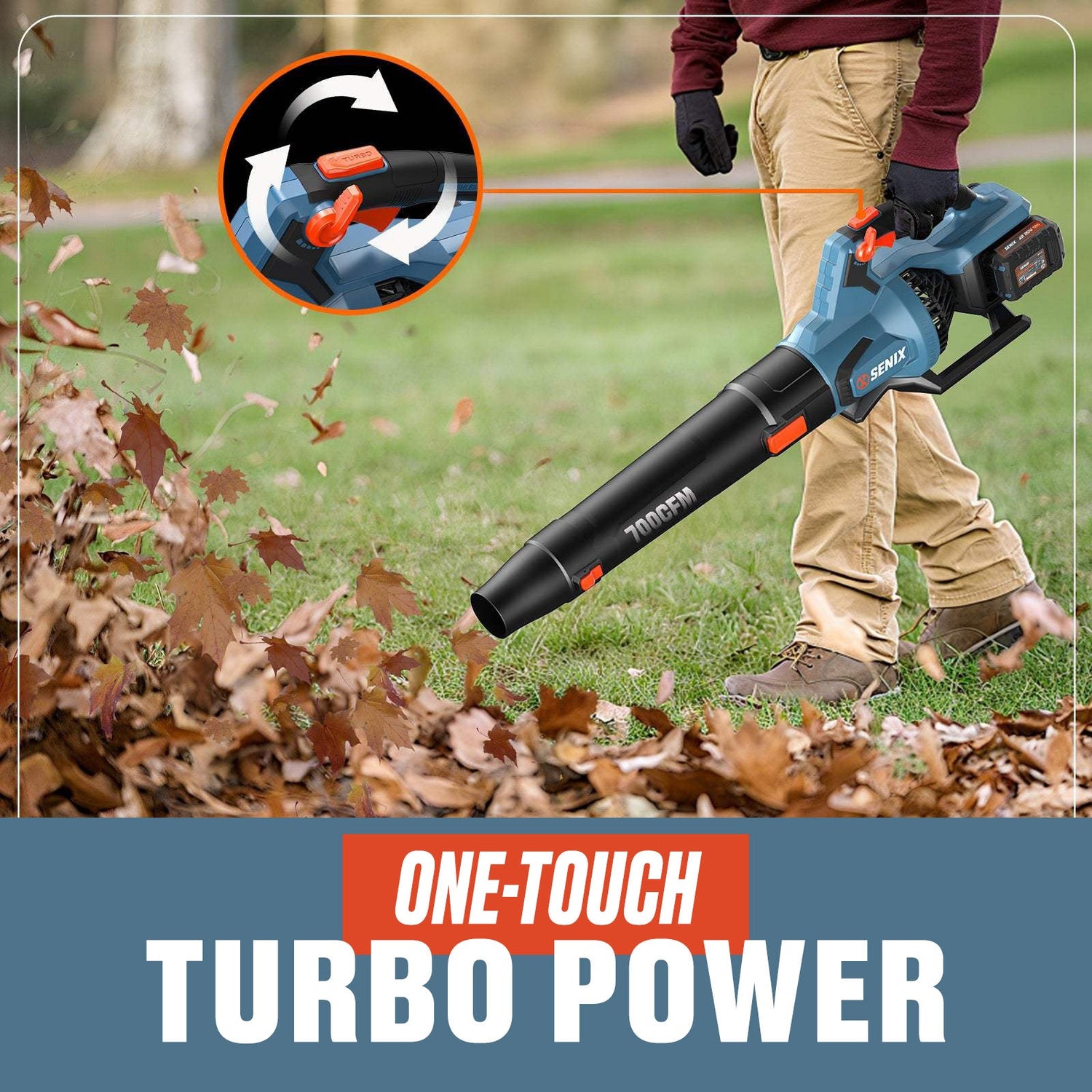 Person using a leaf blower to clear leaves with 'One-Touch Turbo Power' feature highlighted.