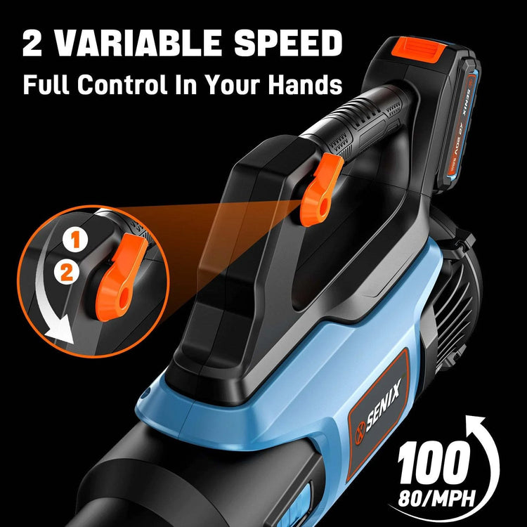 Blue and black handheld power tool with two variable speed controls on a black background