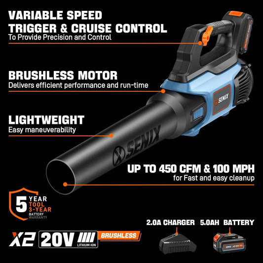 Senix cordless leaf blower with two batteries on a white background