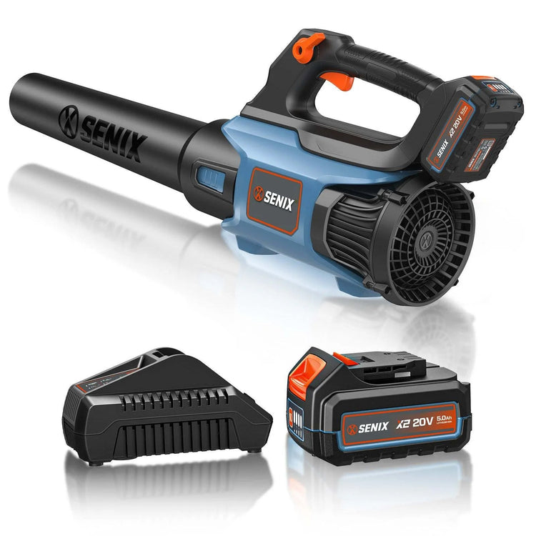 Senix cordless leaf blower with two batteries on a white background