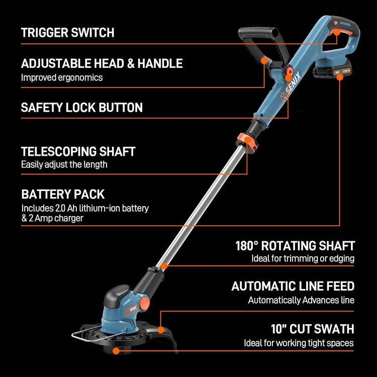 Battery-powered string trimmer with features highlighted on a black background