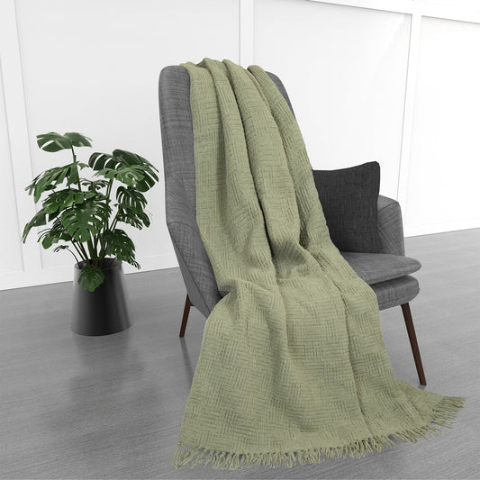 Kathy Ireland Oversized Chenille Fringed Basket Throw 50” X 70” - Sage