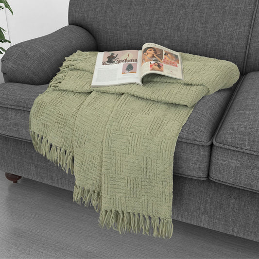 Kathy Ireland Oversized Chenille Fringed Basket Throw 50” X 70” - Sage