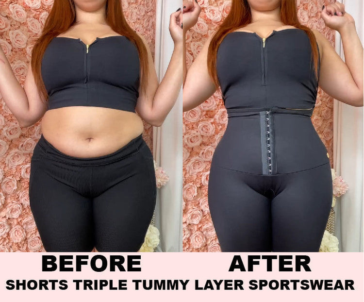 Before and after comparison of a person wearing shorts and a top with a waist trainer.