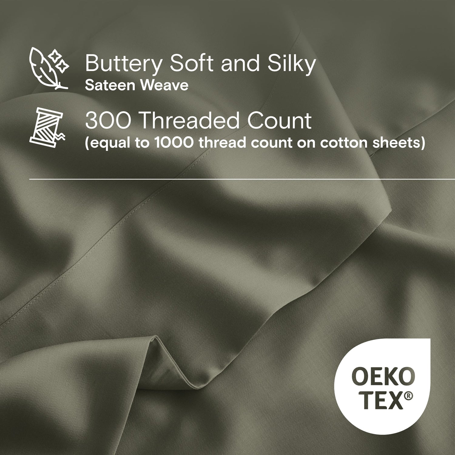 Buttery soft and silky sateen weave fabric with text about thread count and OEKO-TEX certification.