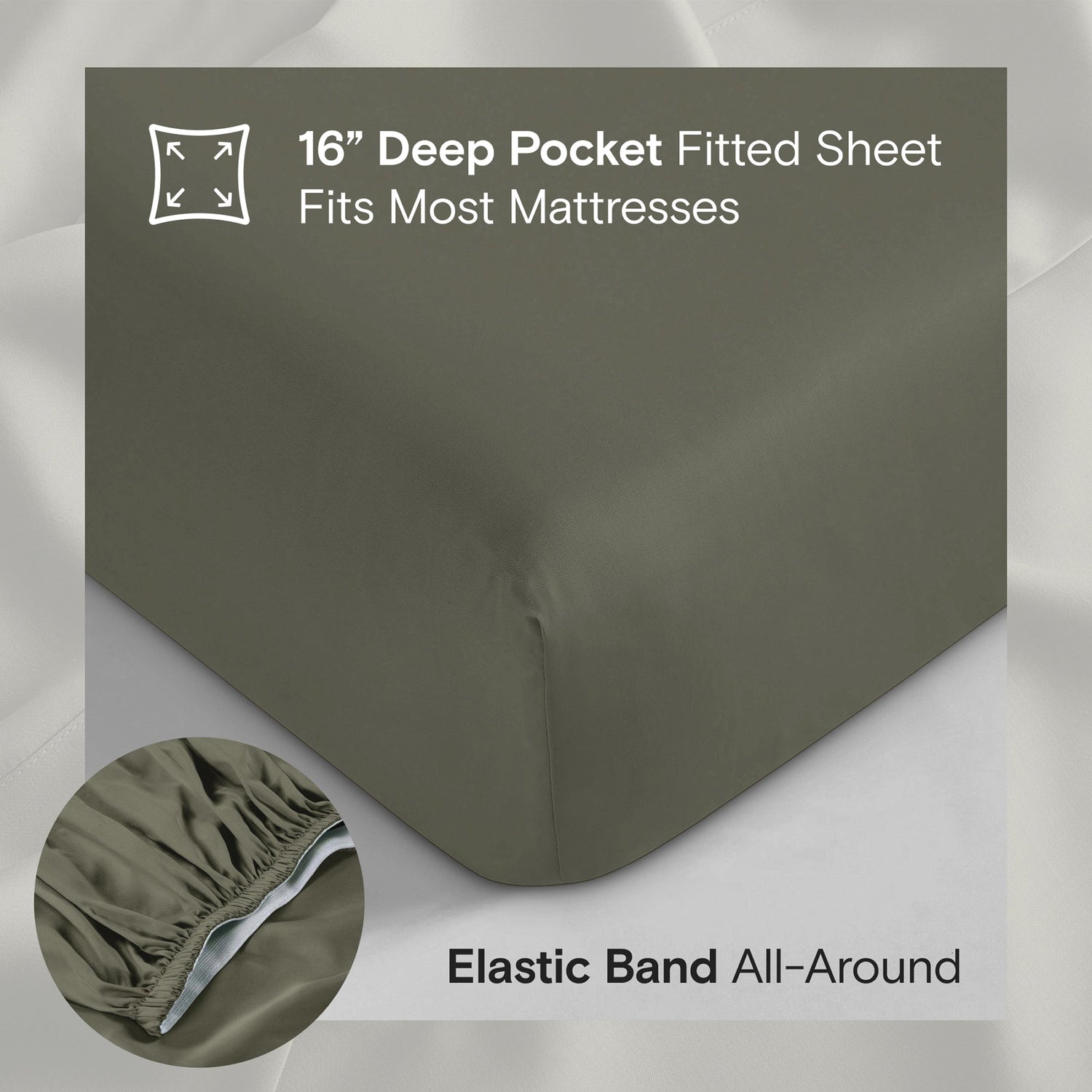 Green fitted sheet with text about deep pocket size and elastic band on a gray background