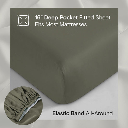 Bed with green bedding in a bright room with large windows and a plant.