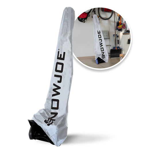 A long, narrow white snowmobile cover with black 'SNOWJOE' branding, shown on a white background with a circular inset showing the cover hanging in a garage.