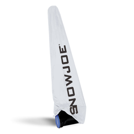 A long, narrow white snowmobile cover with black 'SNOWJOE' branding, shown on a white background with a circular inset showing the cover hanging in a garage.