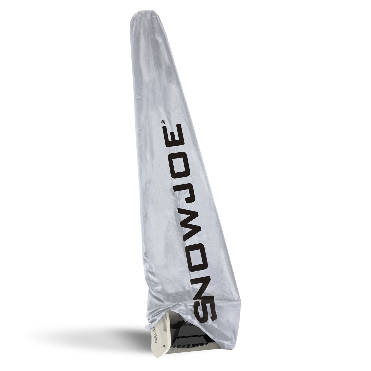 A silver snowmobile exhaust shield cover with the brand name 'SNOWJOE' printed vertically in black, shown standing upright on a white background.