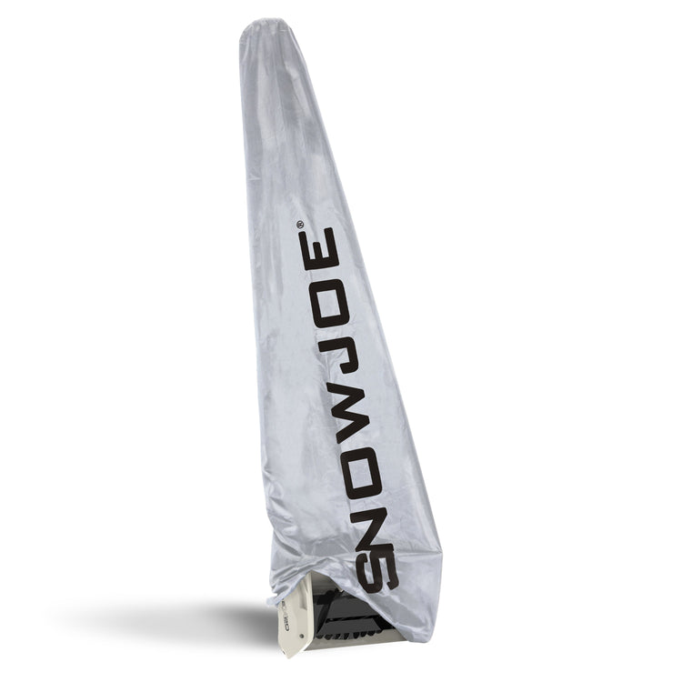 A silver snowmobile exhaust shield cover with the brand name 'SNOWJOE' printed vertically in black, shown standing upright on a white background.