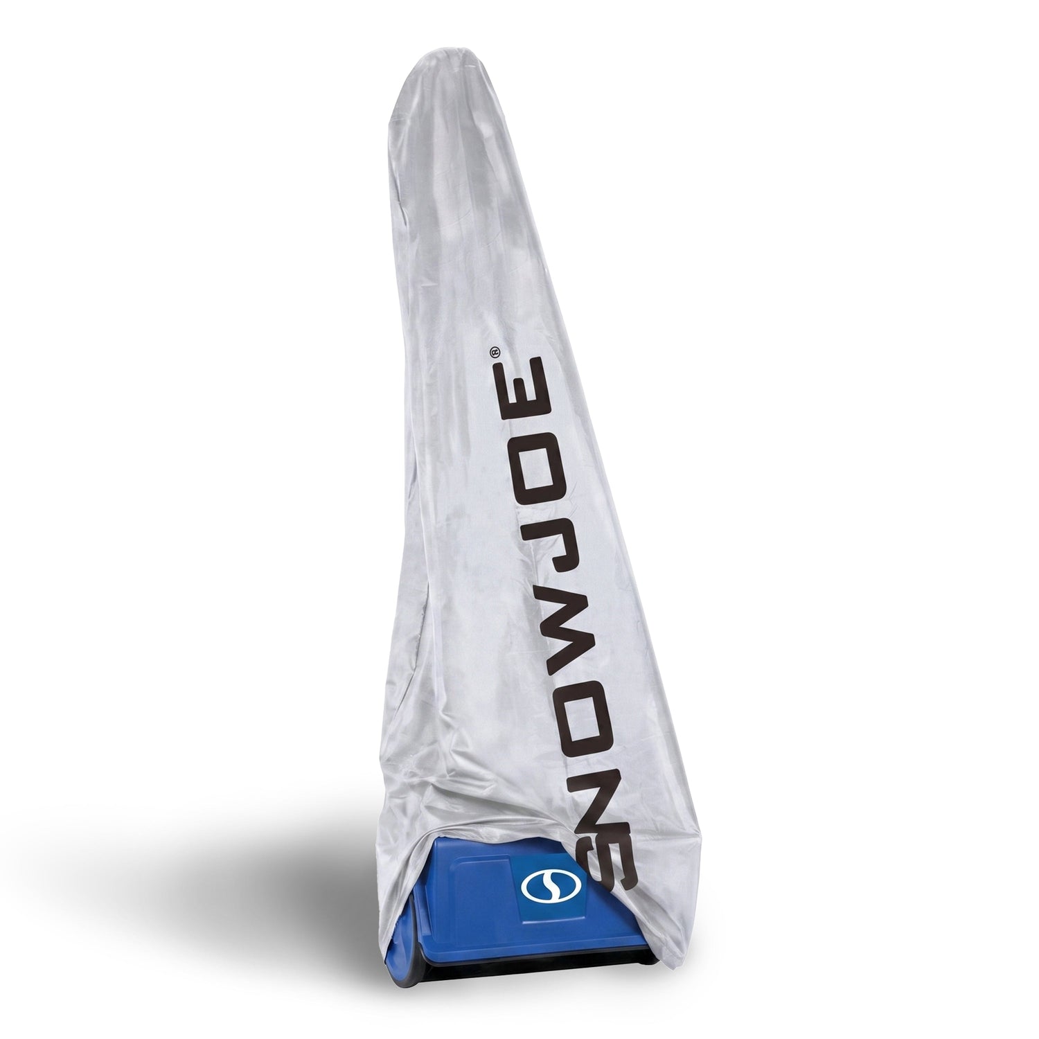 A white snowmobile hood cover with black 'SNOWJOE' branding, shown draped over a blue and black snowmobile storage base on a white background.