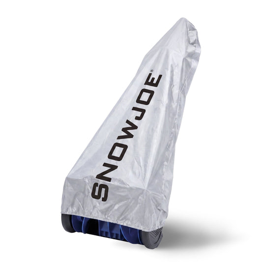A long, narrow white snowmobile cover with black 'SNOWJOE' branding, shown on a white background with a circular inset showing the cover hanging in a garage.