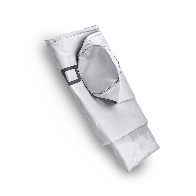 A silver metallic pleated filter cartridge with a square black label, shown folded on a clean white background.