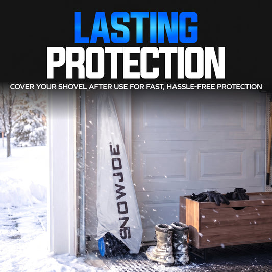 A long, narrow white snowmobile cover with black 'SNOWJOE' branding, shown on a white background with a circular inset showing the cover hanging in a garage.