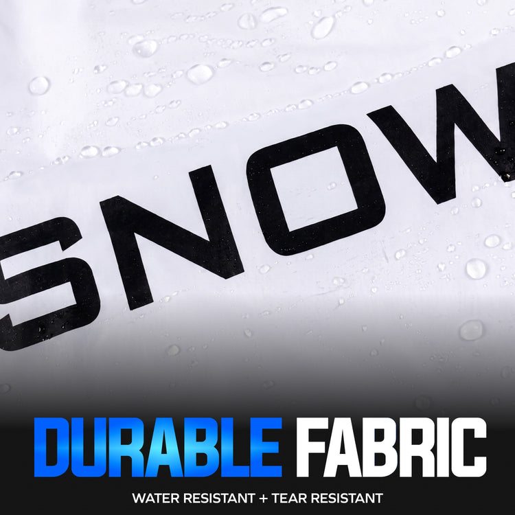 Close-up of a white fabric with large black 'SNOW' lettering and water droplets, plus text at the bottom reading 'DURABLE FABRIC' and 'WATER RESISTANT + TEAR RESISTANT'.
