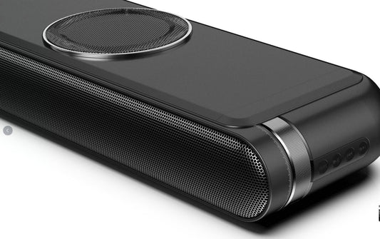 Black electronic device with two circular components on a white background