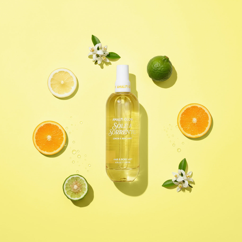 Spray bottle with lemon, lime, and orange slices on a yellow background