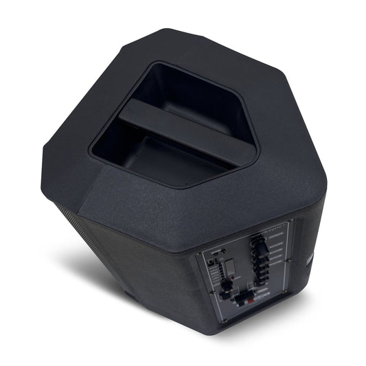 Black speaker with colorful RGB lighting on a white background