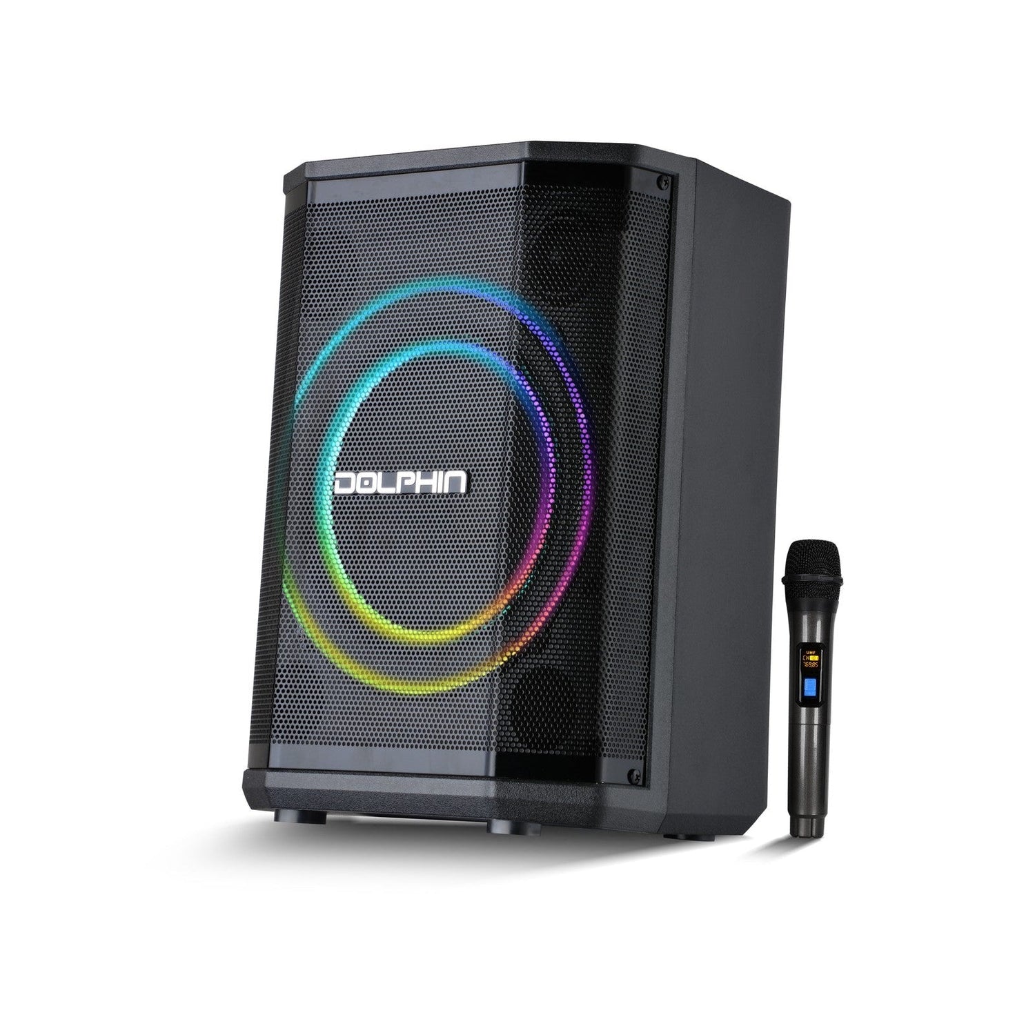 Black speaker with colorful lighting and a wireless microphone on a white background