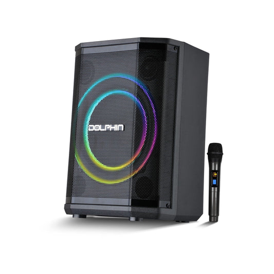 Black speaker with colorful RGB lighting on a white background